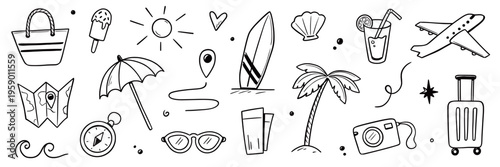 Summer beach icon element set. Hand drawn doodle sketch with sun, sea, travel vacation holiday trip. Cute beach icon elements with sunglasses umbrella palm camera suitcase. Vector illustration
