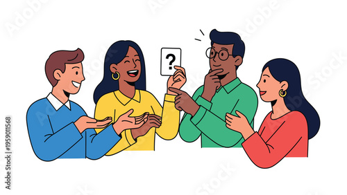 Diverse friends playing a social game, pondering a question card. Group interaction, teamwork, problem-solving, and fun.