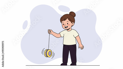 Cheerful Kid Masterfully Playing with a Spinning Yo-Yo, Expressing Joy and Fun in a Simple Vector Illustration