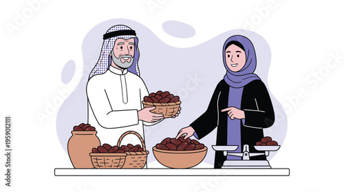 Smiling Middle Eastern Couple Exchanging Fresh Dates at a Traditional Market Stall, Symbolizing Ramadan and Iftar