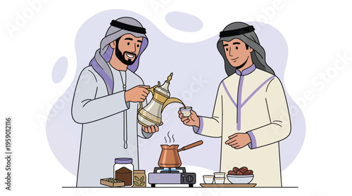 Traditional Arabic Coffee Ritual: Two Arab Men Share Authentic Dallah Coffee and Dates, Embodying Middle Eastern Hospitality.