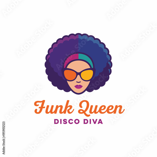 A colorful illustration of a confident funk queen wearing stylish sunglasses and an afro hairstyle that embodies the disco vibe and empowerment of the era.