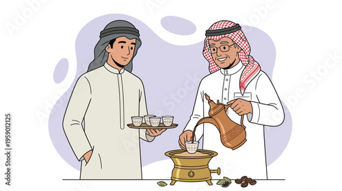 Generational Hospitality: Two Arab Men Serving Traditional Arabic Coffee (Gahwa) with Dallah and Finjan Cups in a Cultural Setting