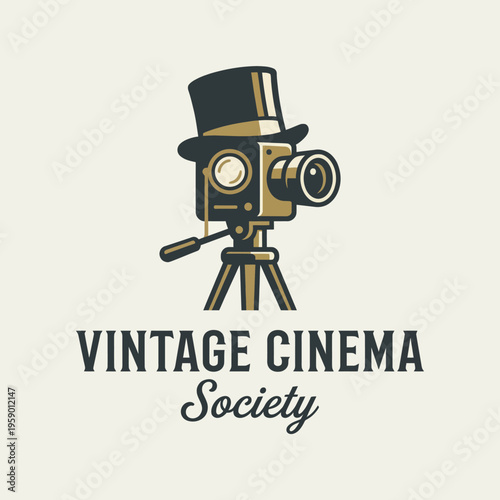 A stylish logo of a vintage camera with a top hat, representing the charm and elegance of classic cinema while highlighting the artistry of filmmaking and storytelling.