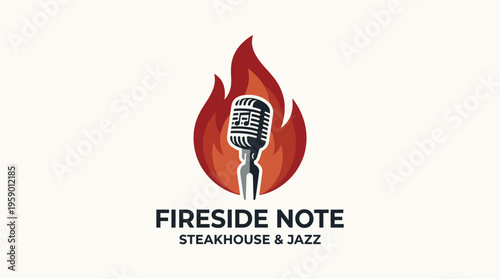 An enticing logo for 'Fireside Note Steakhouse & Jazz', featuring a microphone engulfed in flames, symbolizing the vibrant atmosphere of music and fine dining experiences.