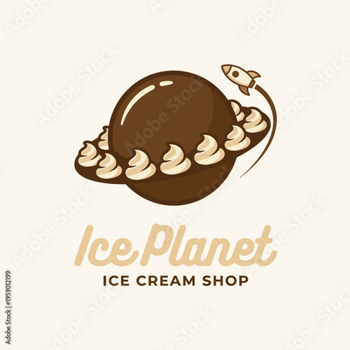 This logo for 'Ice Planet' features a tempting chocolate ice cream topped with cream, accented by a rocket, combining sweetness and space-themed fun in a delightful design.