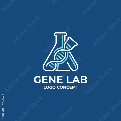 This logo concept features laboratory glassware and a DNA strand, symbolizing cutting-edge genetic research and innovation, perfect for a modern science lab branding.