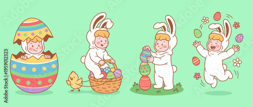 Cheerful scene illustrating a young boy in a bunny costume joyfully engaging with Easter eggs, showcasing festive enthusiasm and springtime delight.