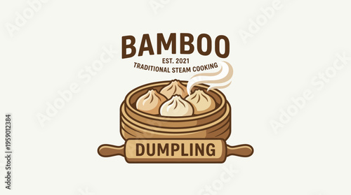 A logo highlighting a bamboo steamer filled with dumplings, representing traditional cooking methods and cultural cuisine, perfect for restaurants or food businesses in 2021.