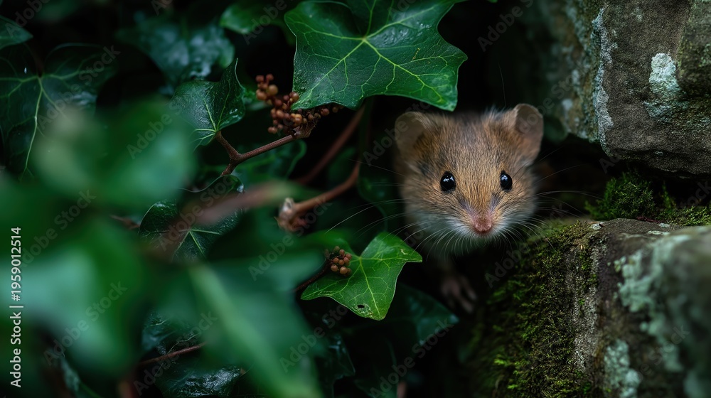 Fototapeta premium Curious Mouse Hidden Among Greenery