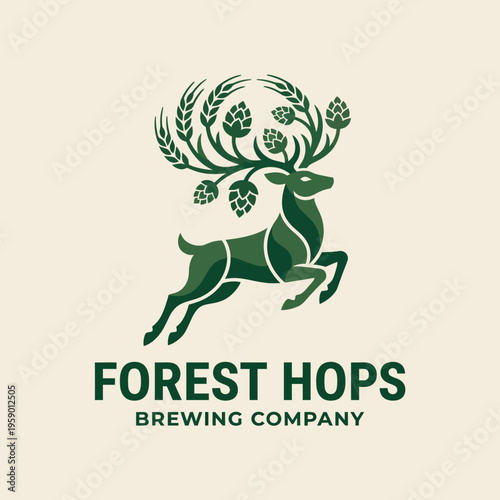 This logo features a lively deer with antlers made of hops, illustrating a brewing company's identity, celebrating nature and craft beer, vibrant for breweries and beer enthusiasts.