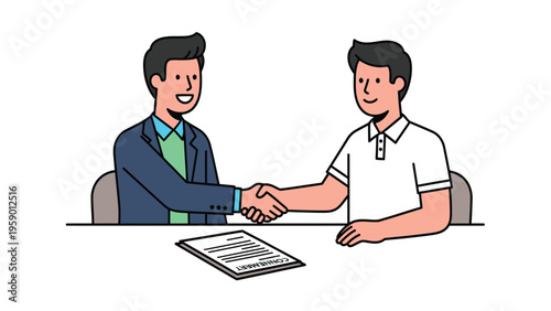 Businessmen shaking hands over contract. Agreement, partnership, successful deal. Flat outline illustration of collaboration and negotiation.