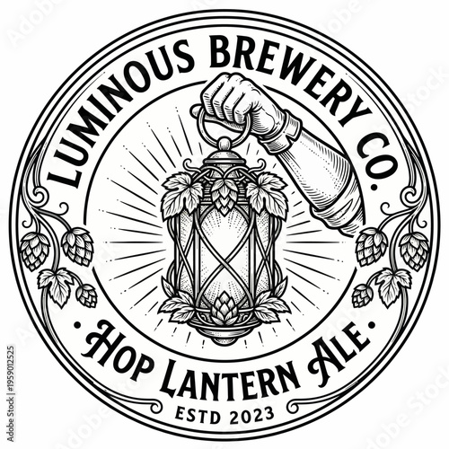 This intricate black and white logo captures a hand holding a lantern, surrounded by hops, representing craft beer and tradition, perfect for breweries emphasizing quality and heritage.
