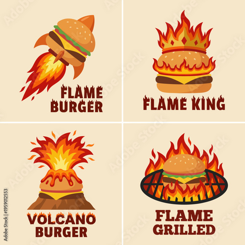 This colorful collection features various fiery burger logo designs, emphasizing the intense flavors and excitement associated with gourmet burgers and fast food creativity.