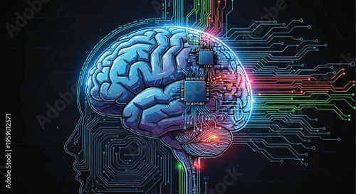 A 3D rendered illustration of human brain anatomy featuring a digital circuit pattern and medical science symbols to represent the concept of intelligence and the human mind