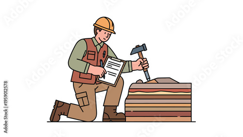 Geologist Examining Rock Layers with Hammer and Clipboard, Scientific Research Illustration