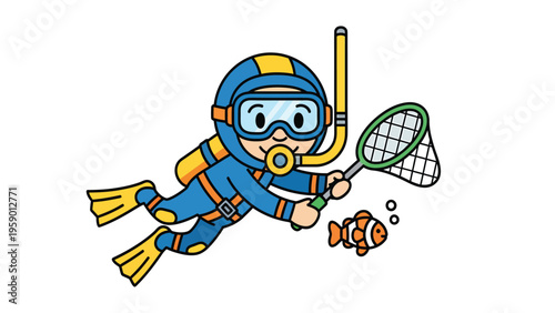 Cartoon Scuba Diver with Net Chasing Clownfish. Underwater Adventure Illustration.