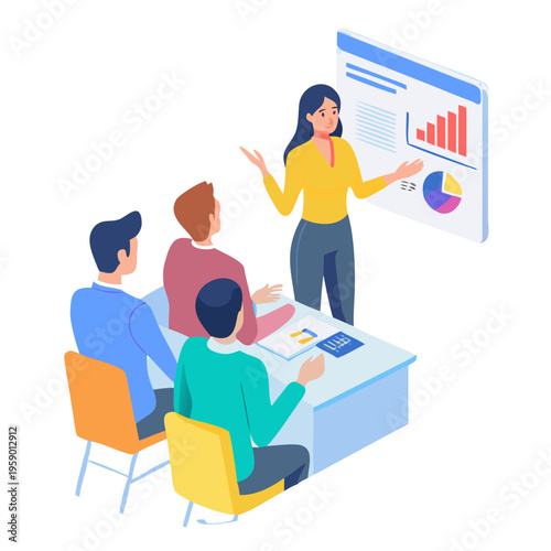 Business Meeting Illustration – Female Presenter and Team Discussing Strategy. Young female speaker explaining marketing strategy to colleagues. business woman giving ... See More