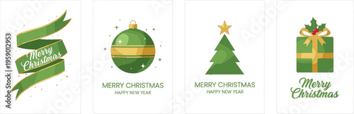 Christmas greeting card set, festive design with tree, gift, ornament, ribbon, holiday wishes