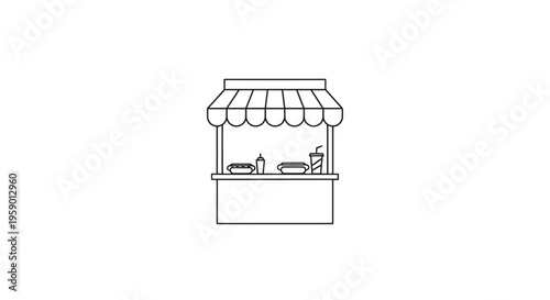 Street Food Cart Icon: Hot Dog Stand with Drinks and Condiments, Simple Line Art