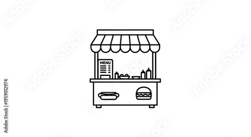 Street Food Cart Icon: Hot Dog, Burger, Menu, Condiments - Simple Outline Design
