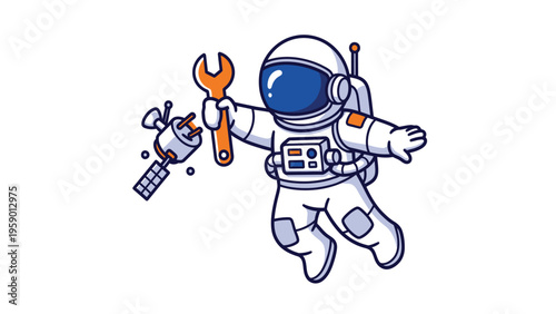 Cartoon astronaut spaceman character fixing broken satellite with wrench in zero gravity