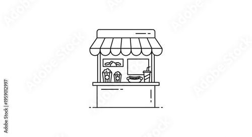 Street Food Cart Icon: Popcorn, Hot Dog, Drink & Menu - Simple Line Art