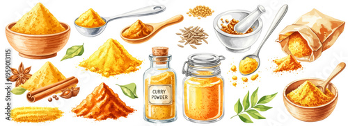 カレー粉とスパイスの水彩風イラストセット｜香辛料・調味料・インド料理素材