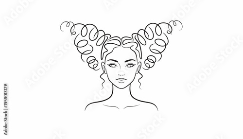 Stylized Portrait of a Woman with Voluminous Curly Hair, Black and White Line Art