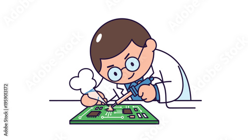 Cartoon Character Soldering Electronic Circuit Board: Engineering, Technology Repair and Assembly Illustration
