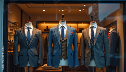 Three men suits displayed on mannequins in a store window. Formal wear includes tailored jackets, vests, and patterned ties. Elegant business attire for men shopping for clothing.