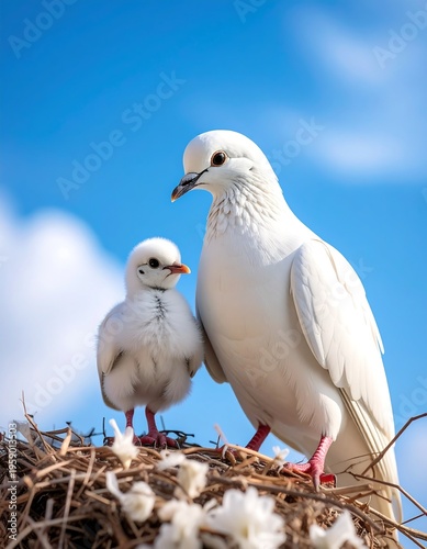 A pristine white dove and its fluffy chick atop a nest