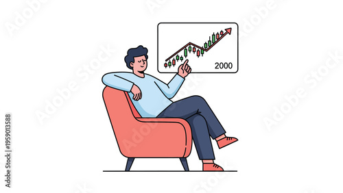 Relaxed Man Watching Financial Growth Chart. Investor Monitoring Stock Market Progress. Business & Investment Success.