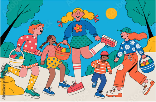 Children Easter Egg Hunt Park Baskets Full Eggs Laughter Motion Blur Natural Candid Moment