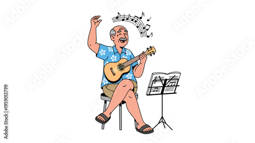 Joyful Senior Man Playing Ukulele and Singing, Music Notes & Stand. Tropical Leisure Cartoon.