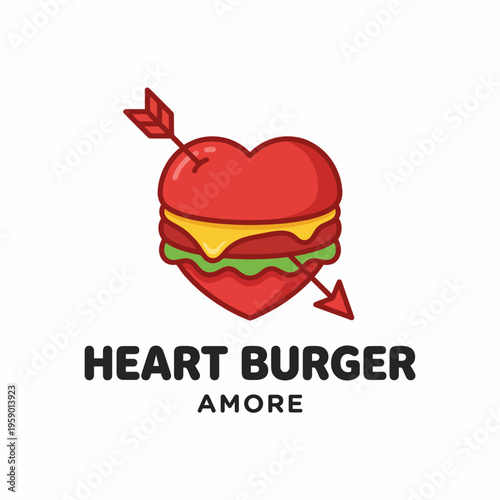 A creative heart-shaped burger logo, marrying the love of food and fun, making it perfect for restaurants or food festivals that celebrate culinary delights.