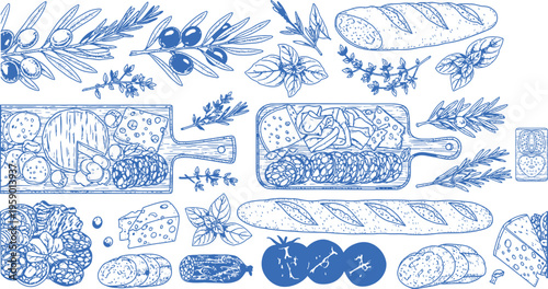 Italian Antipasto Appetizer Hand Drawn Sketch Set Vector Illustration