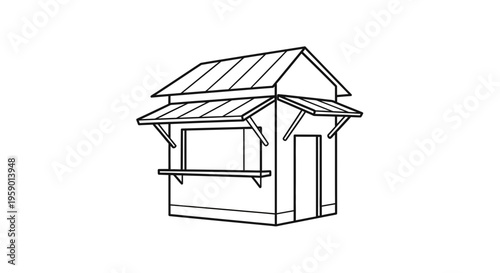 Simple Wooden Kiosk Stand with Serving Window and Door, Black and White Line Art