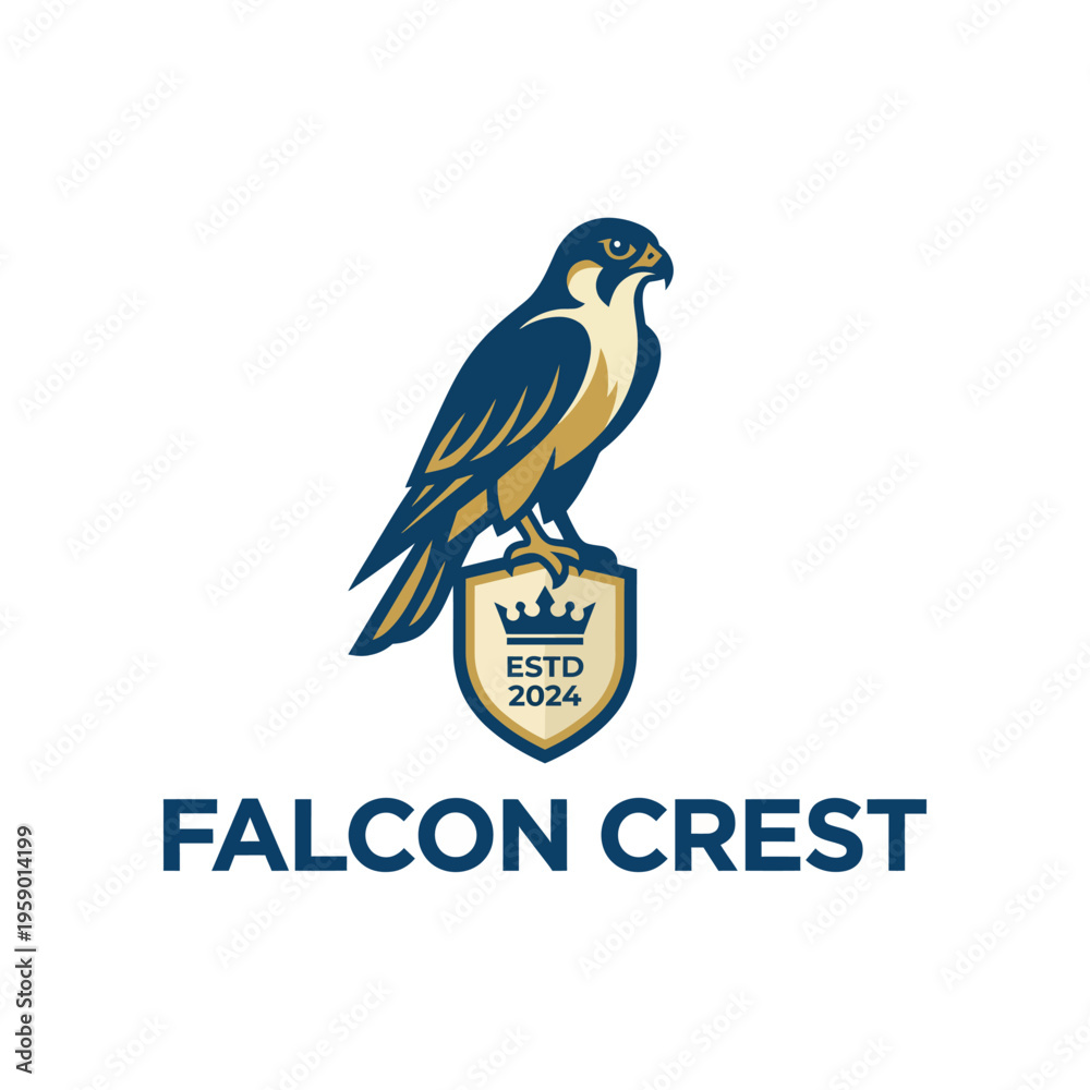 Naklejka premium A modern logo featuring a falcon perched on a shield, representing strength and elegance. This design emphasizes brand identity, recognized qualities, and established in 2024.