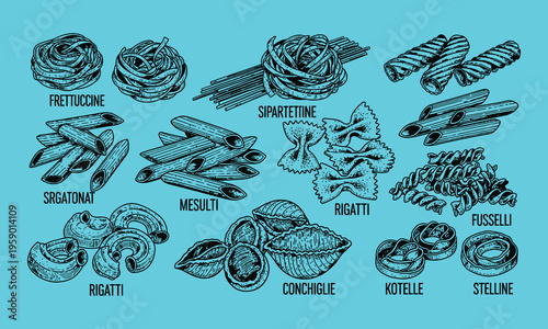 Italian Pasta Types Hand Drawn Sketch Set Food Menu Vector Illustration