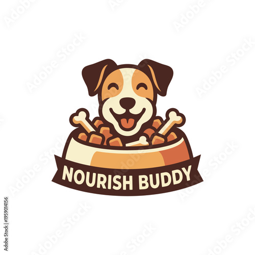This playful logo features a happy dog surrounded by a bowl of pet food, embodying joy, companionship, and the importance of nourishing our beloved pets with quality food.