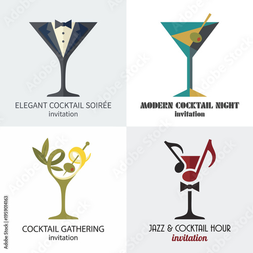 A collection of elegant cocktail invitation designs featuring a variety of martini glasses and decoration elements, perfect for upscale gatherings and celebrations with drinks.