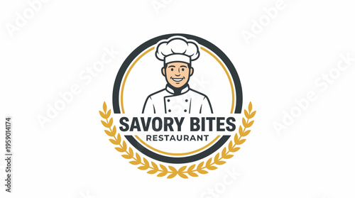 This logo for Savory Bites restaurant features a smiling chef with a professional uniform, symbolizing culinary expertise, delicious food, and a welcoming dining experience.