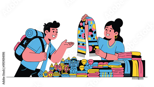 Traveler browsing souvenirs at a vibrant market stall with a smiling vendor