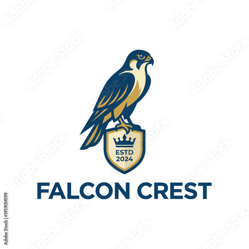 A modern logo featuring a falcon perched on a shield, representing strength and elegance. This design emphasizes brand identity, recognized qualities, and established in 2024.