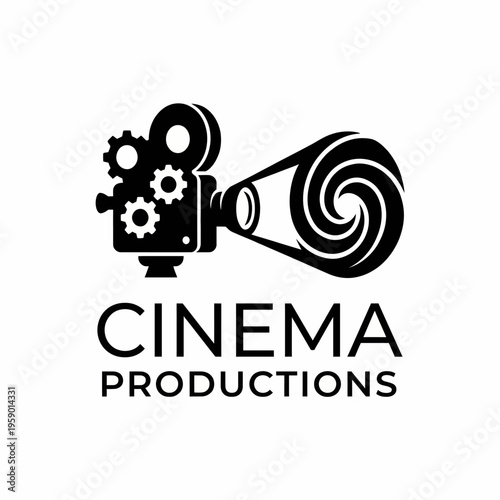 A creative logo design featuring classic film elements like a film camera and gears, symbolizing the art of filmmaking and the magic behind motion pictures.