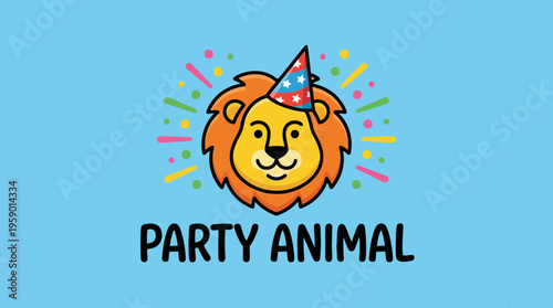 This cheerful lion character wearing a party hat captures the essence of fun and celebration, making it perfect for children's events, parties, and festive occasions.