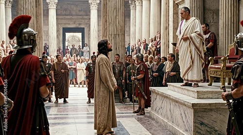Jesus standing before Pontius Pilate in the praetorium