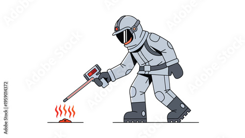 Worker in full protective suit measuring hot hazardous material with a detector. Industrial safety, emergency response, vector illustration.