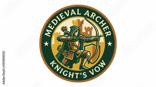 A skilled medieval archer aims his bow and arrow, encapsulating the essence of medieval times, bravery, and the art of archery under a vibrant and detailed coat of arms.